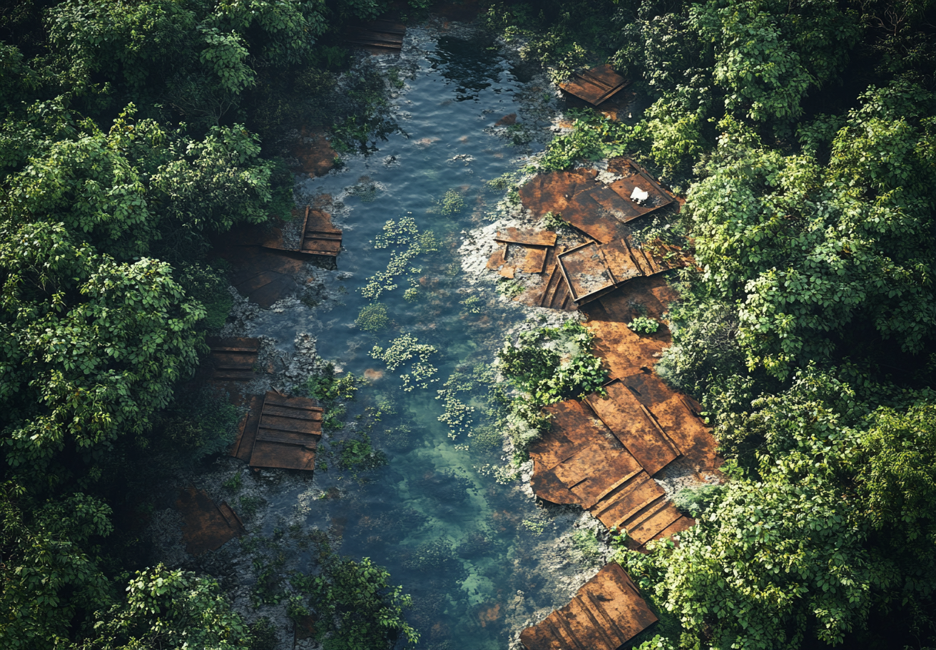 A realistic forest junkyard battlemap by a river.