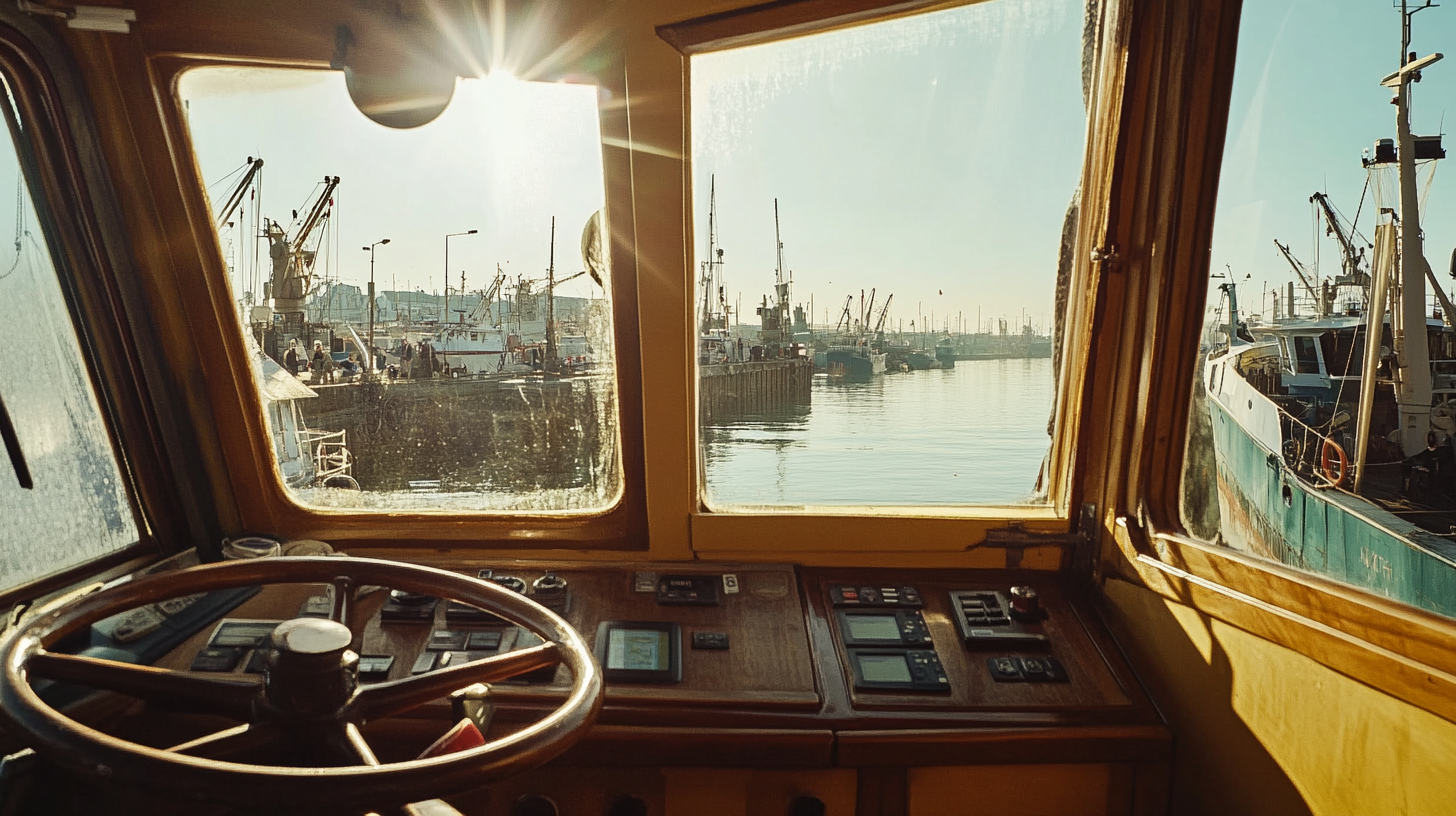 A realistic harbor scene through a ship window