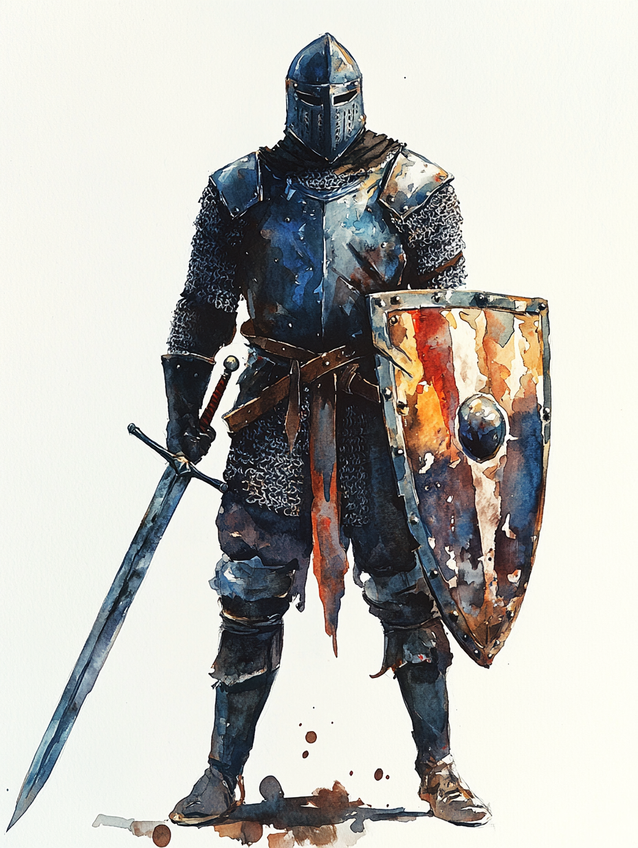 A realistic knight in 13th century with sword.