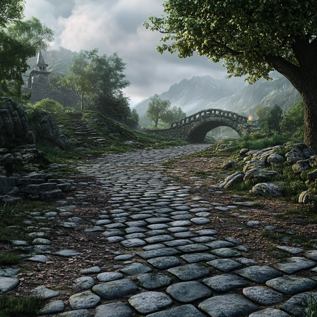 A realistic landscape with a cobblestone road crossing.