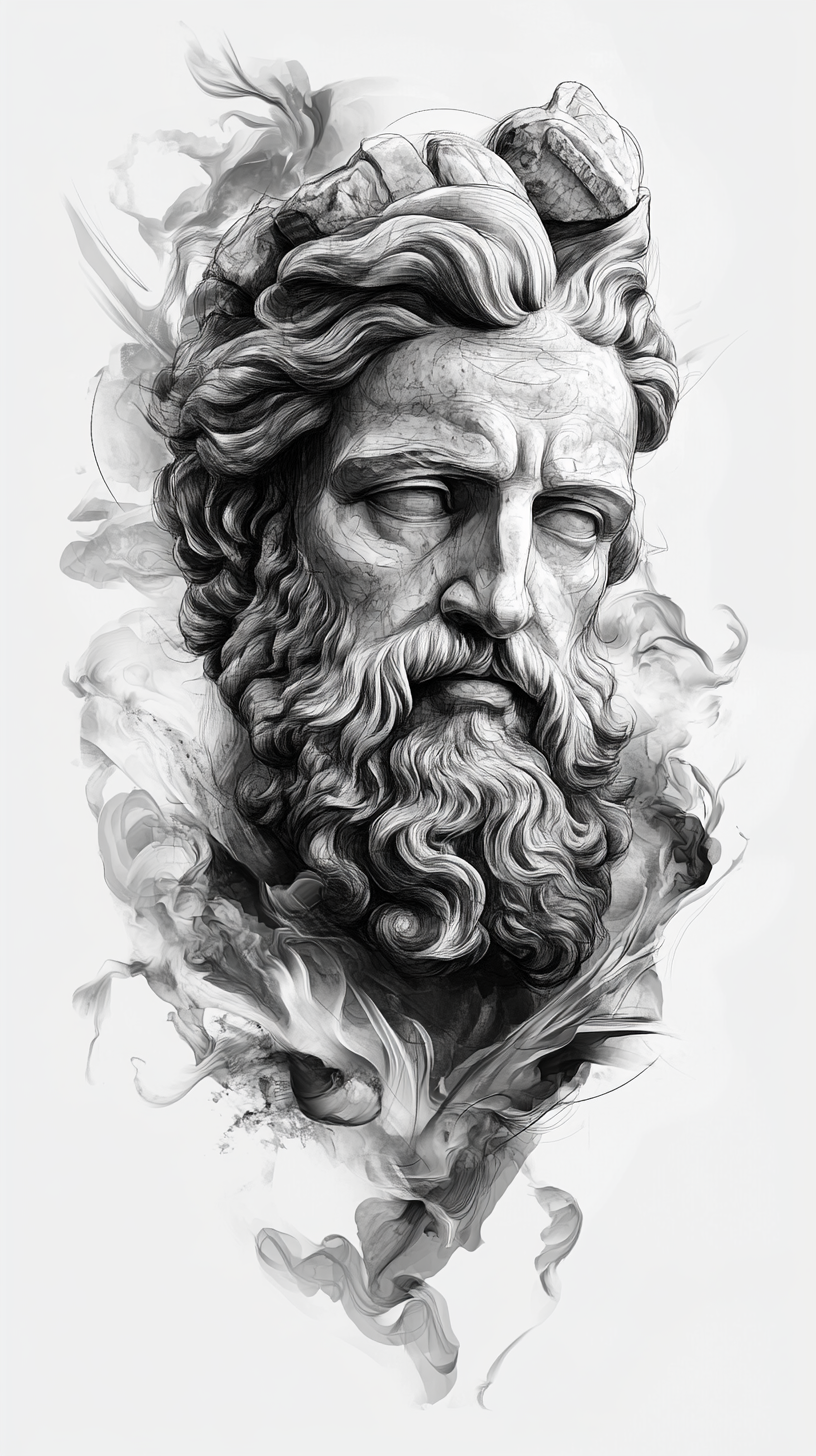 A realistic male tattoo sketch of Zeus head