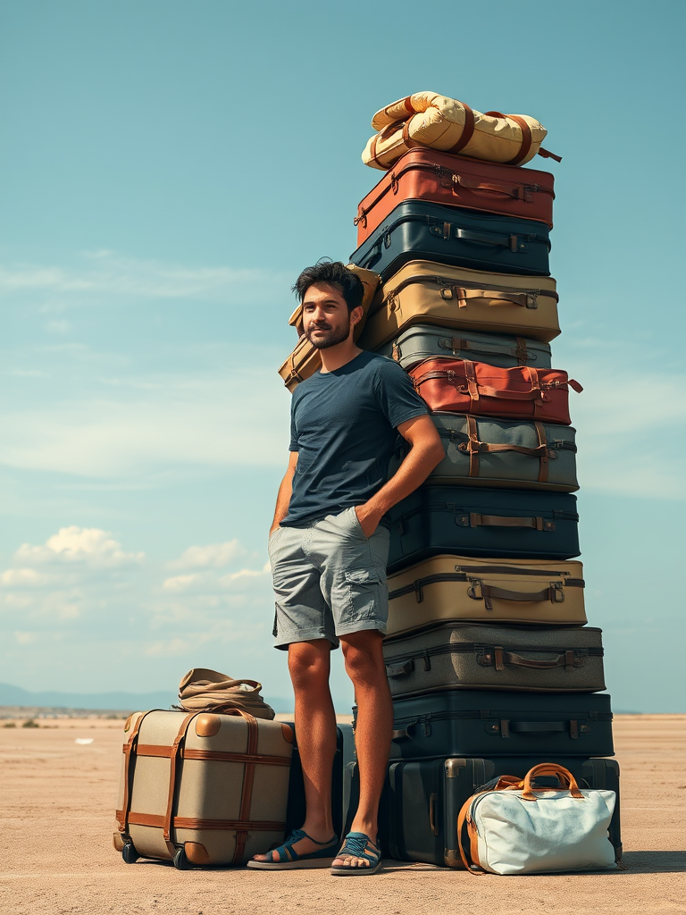 A realistic man is surrounded by many bags.