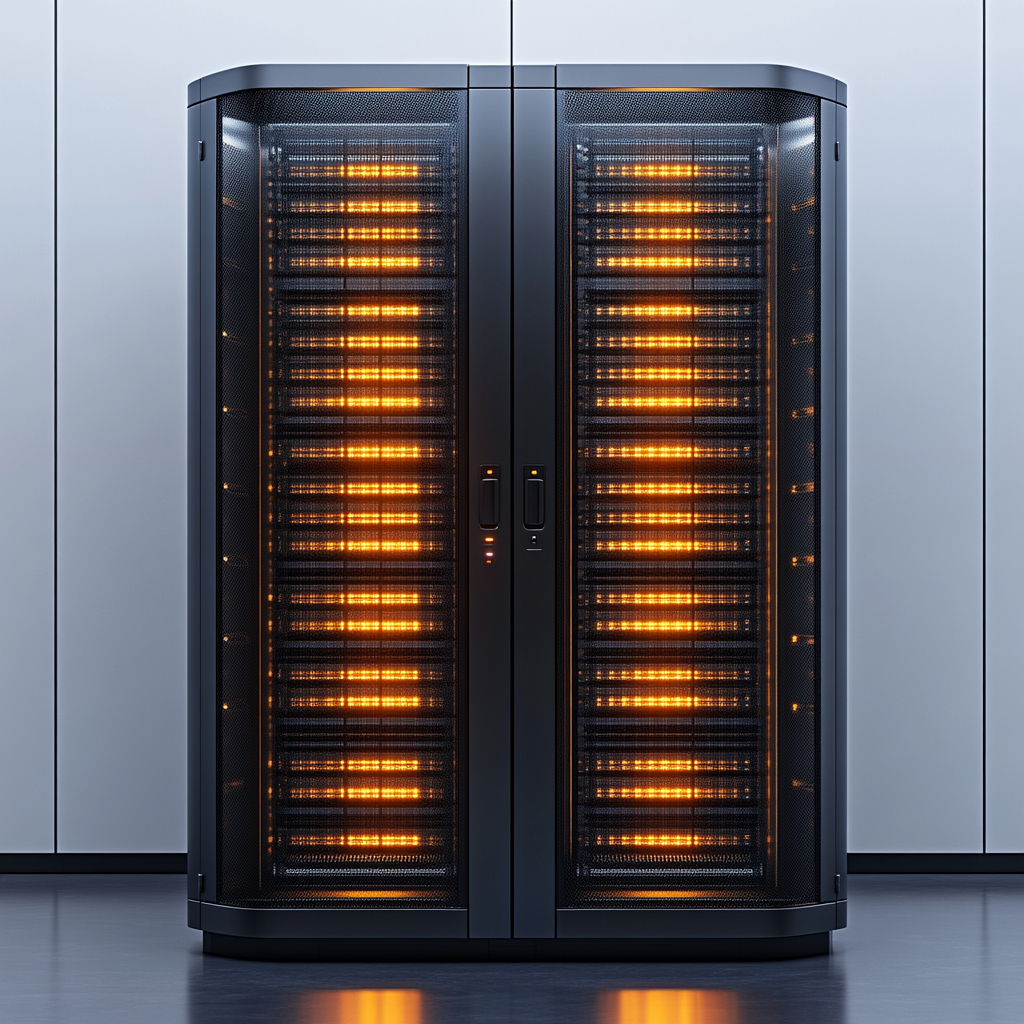 A realistic metal server rack on white background