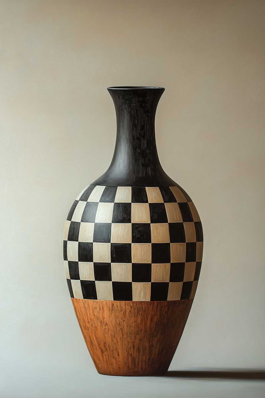 A realistic painting of a checkered vase on beige.