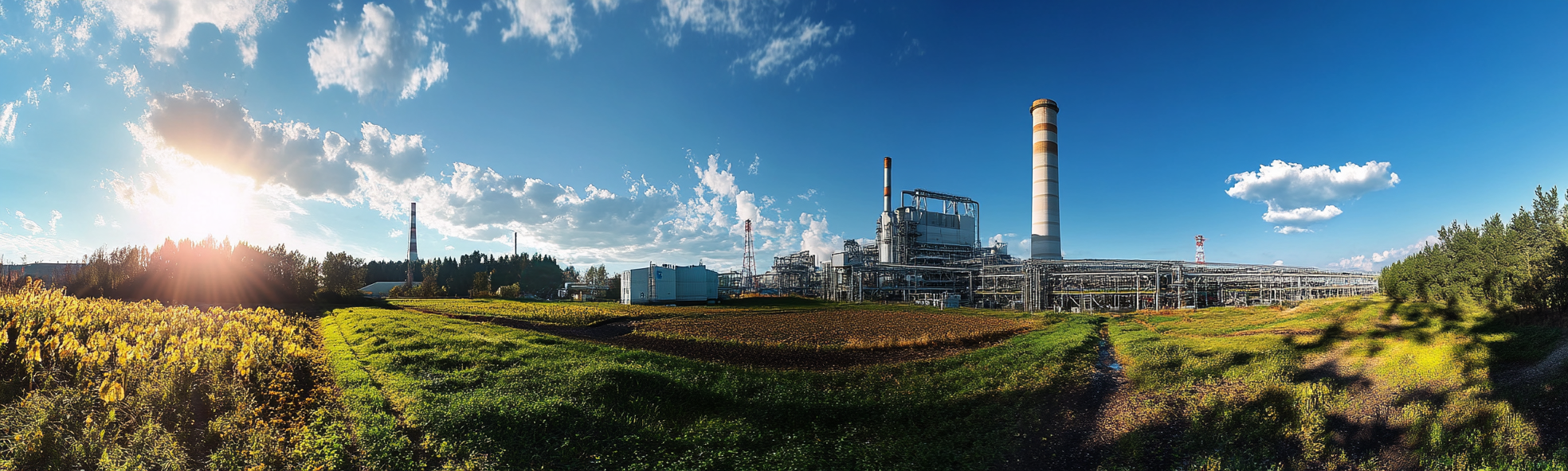 A realistic panoramic image of landscape with various energy sources.