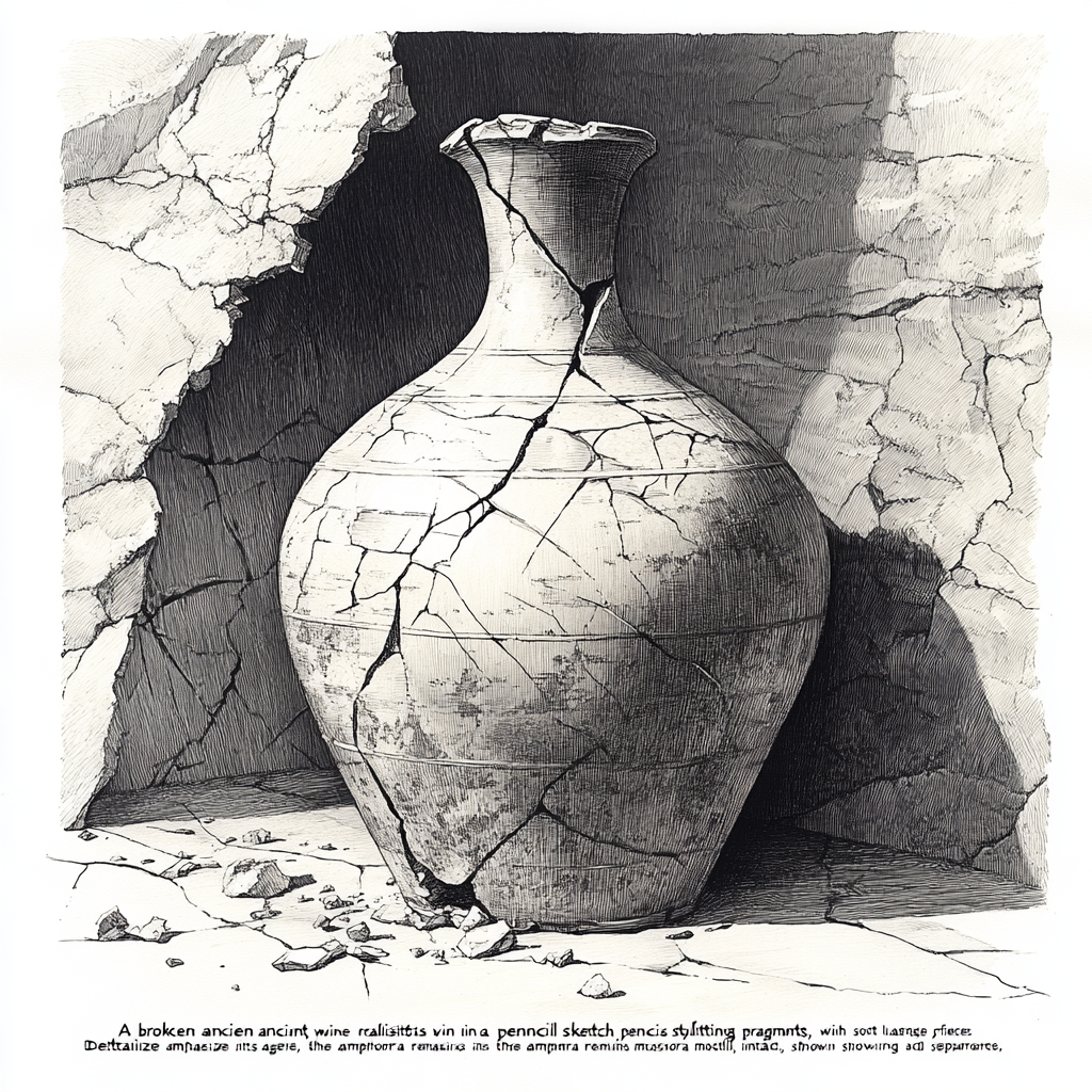 A realistic pencil sketch of a broken amphora