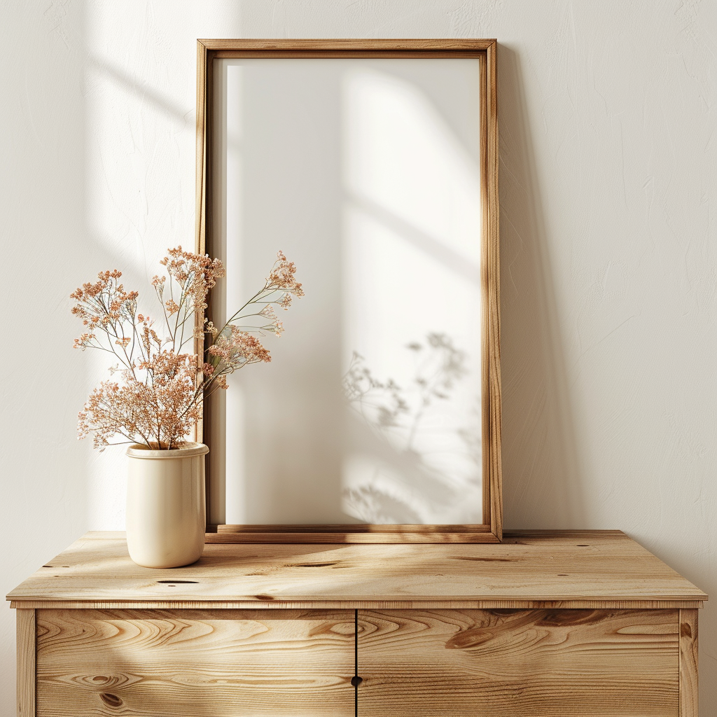 A realistic photo frame on a dresser with sunlight.