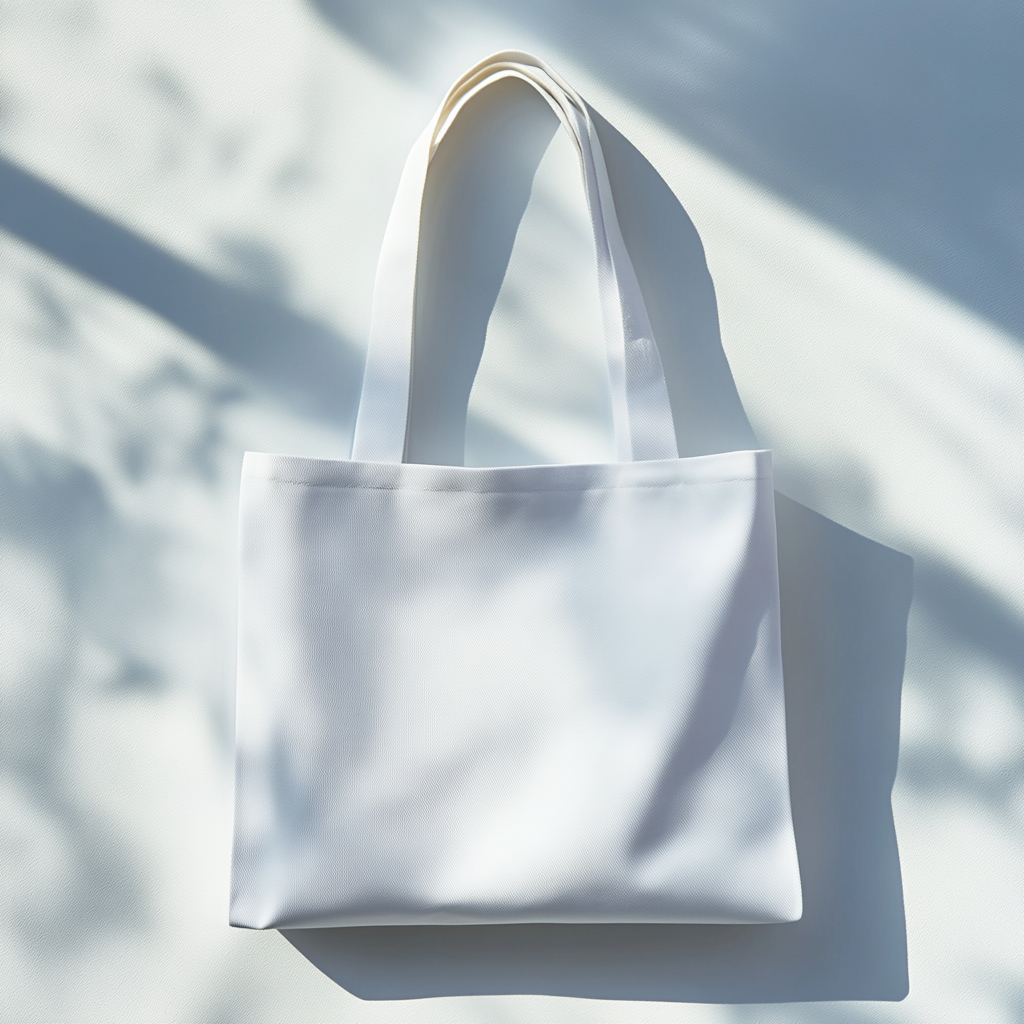 A realistic photo of white tote bag.