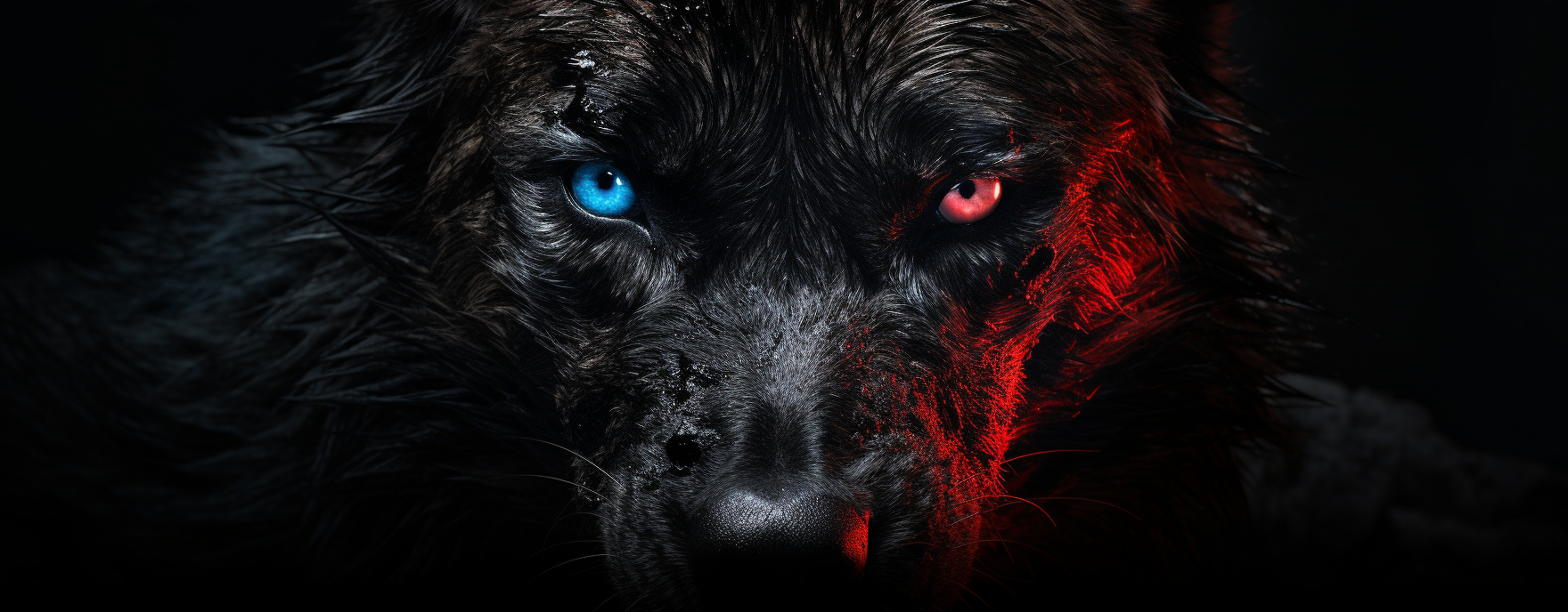 A realistic photograph of a split-faced black wolf