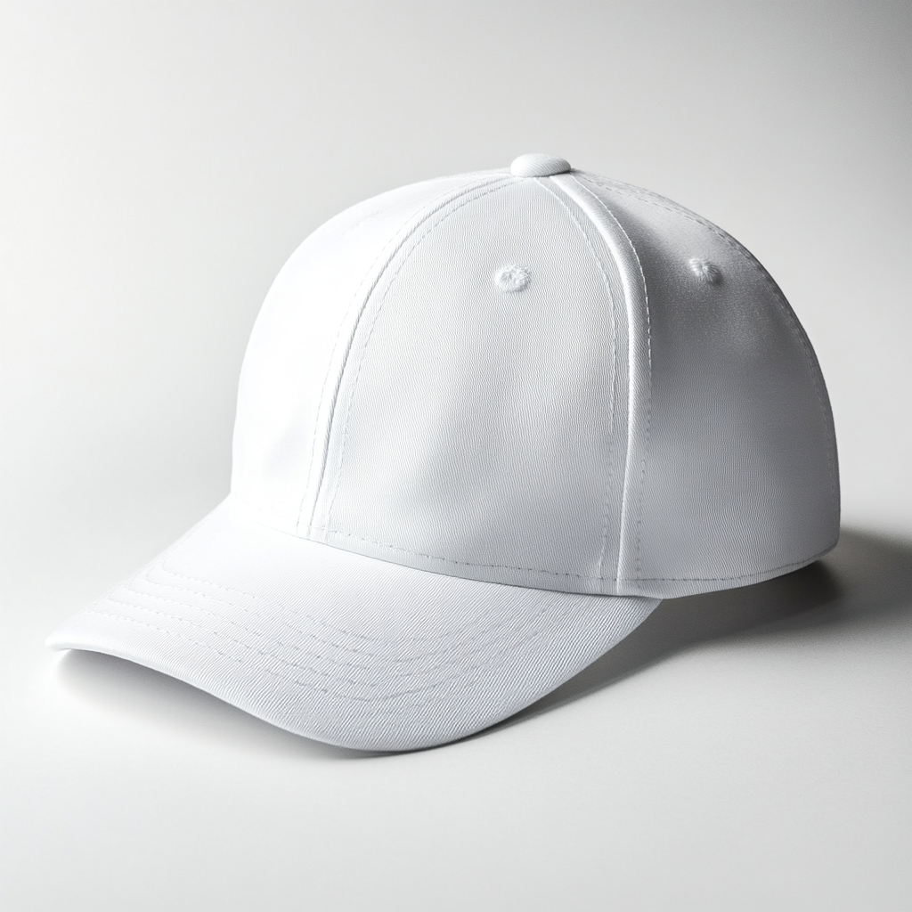 A realistic white snapback cap in photo studio.