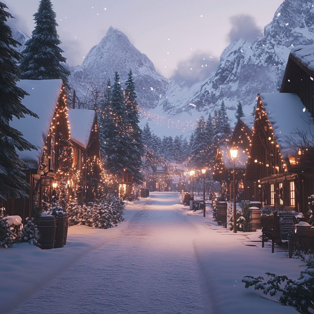 A realistic winter mountain village at dusk