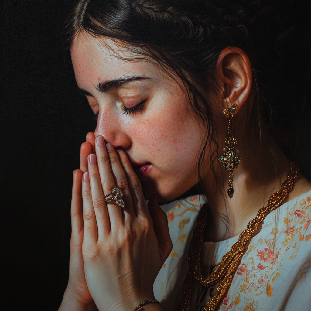 A realistic woman with hands covering mouth