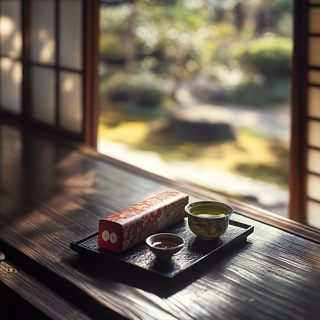 A red box with tea on a tray.