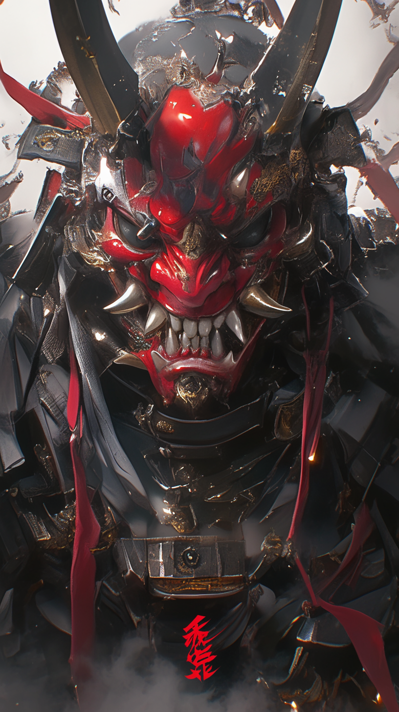 A red demon samurai with detailed hyper realistic features.