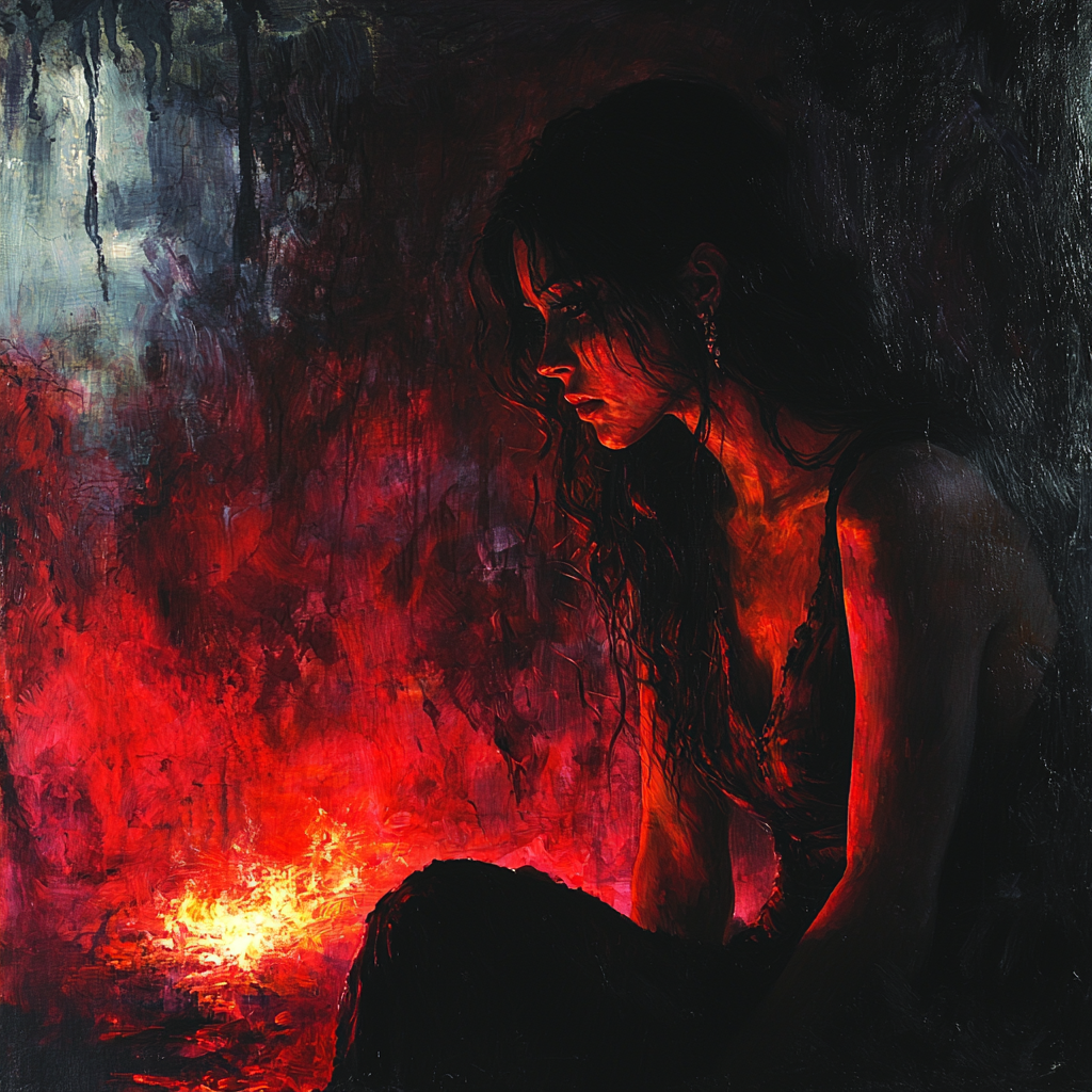 A red female djinn in dark cave with fire.