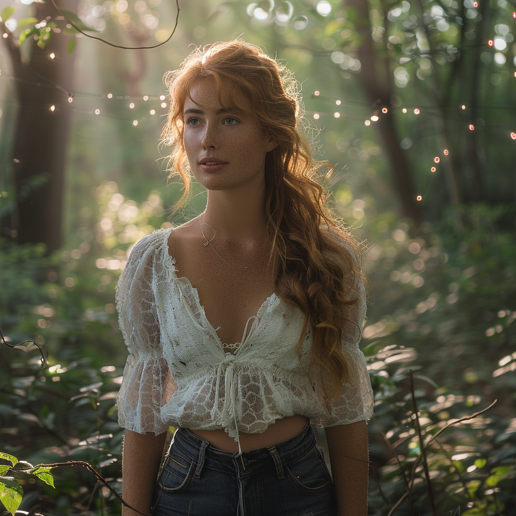 A red-haired woman in forest with detailed clothing.