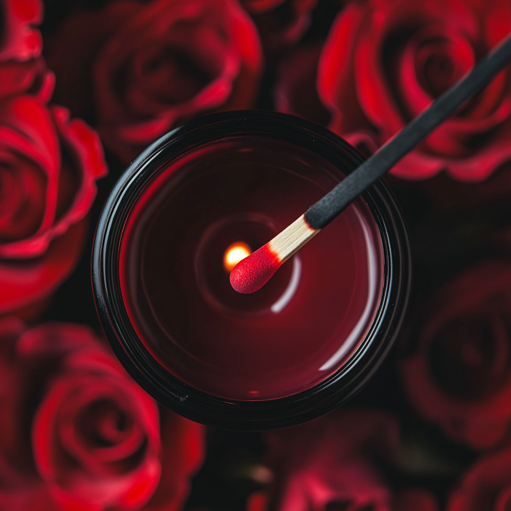 A red match lights candle with roses, elegant