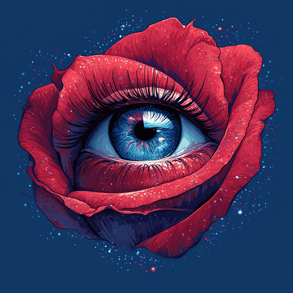 A red rose with a human eye in the center.