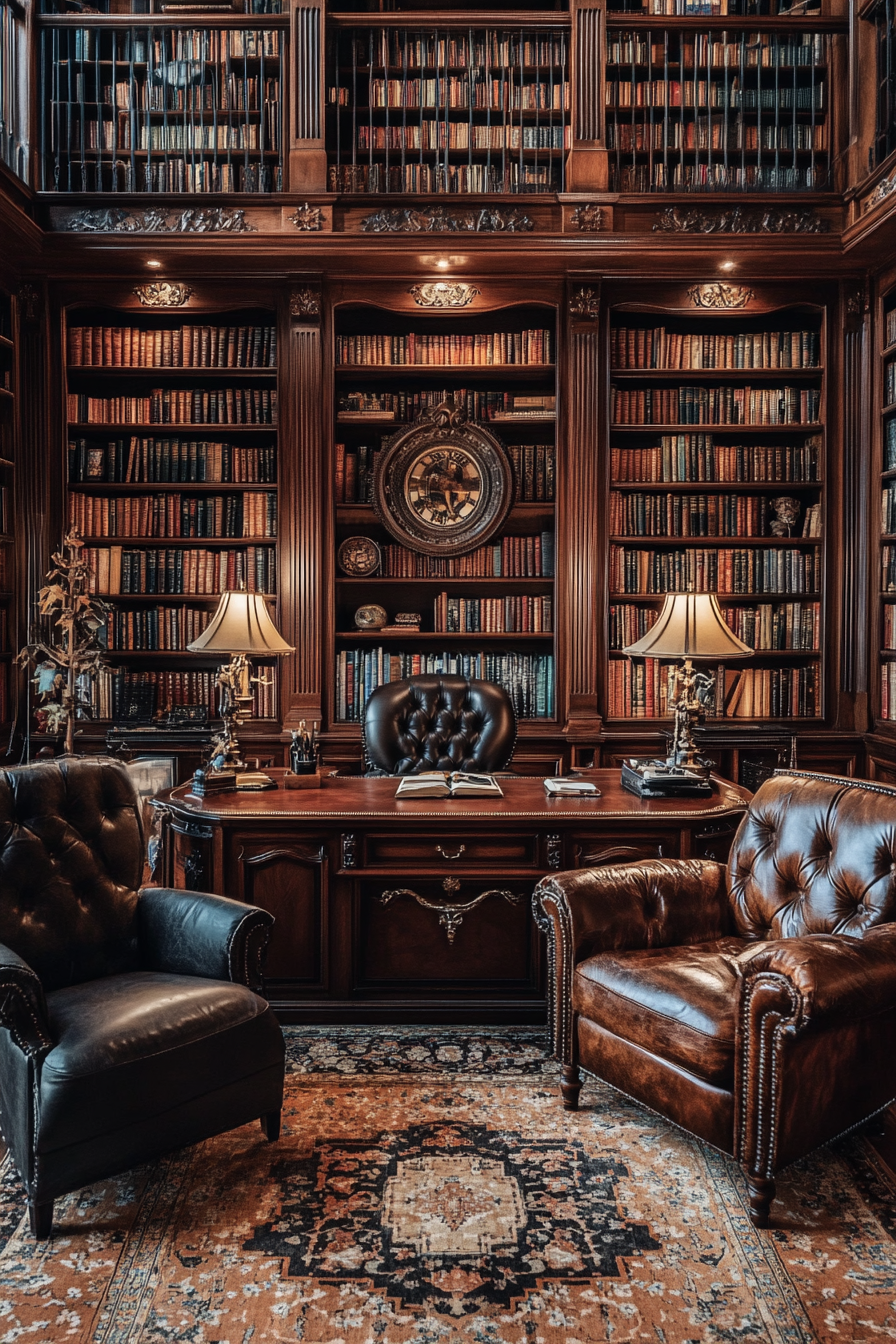 A regal library with leather-bound books and soft lamp light.