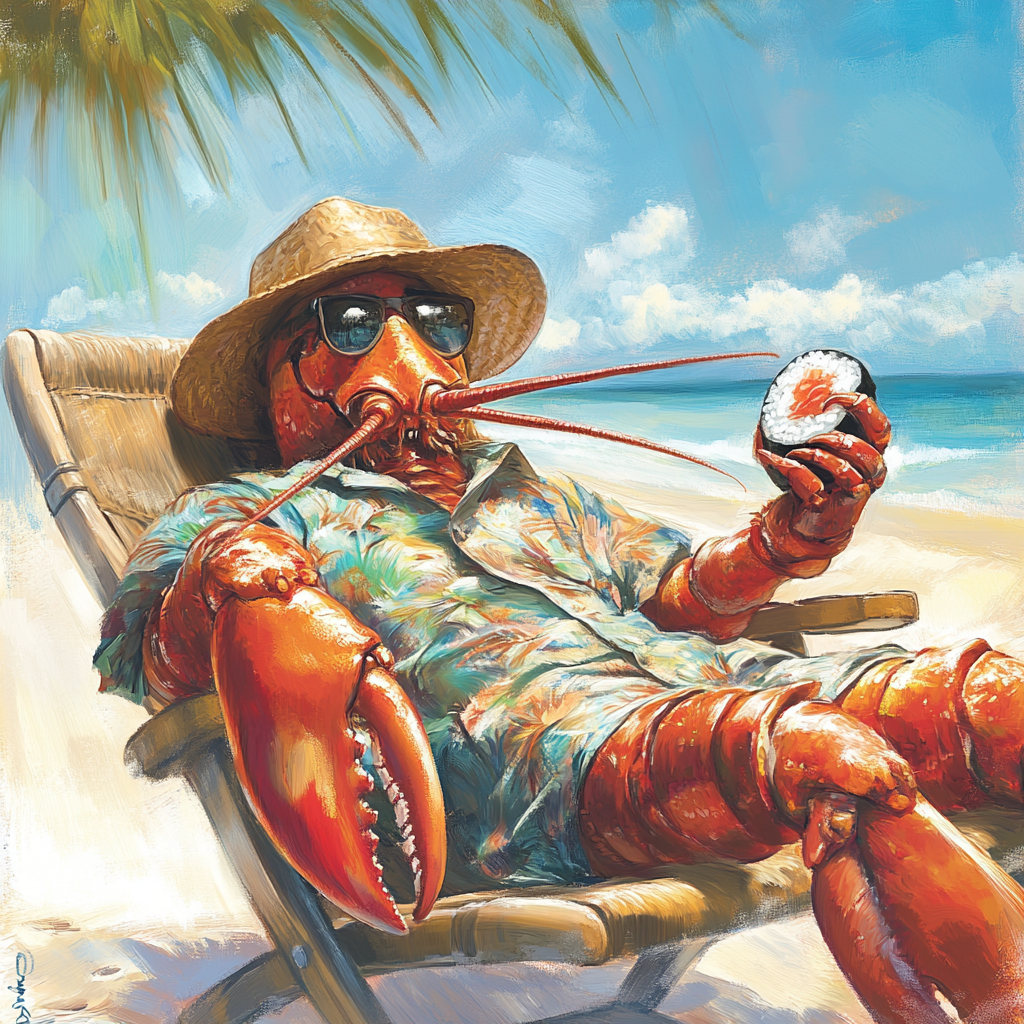 A relaxed lobster enjoys sushi at the beach