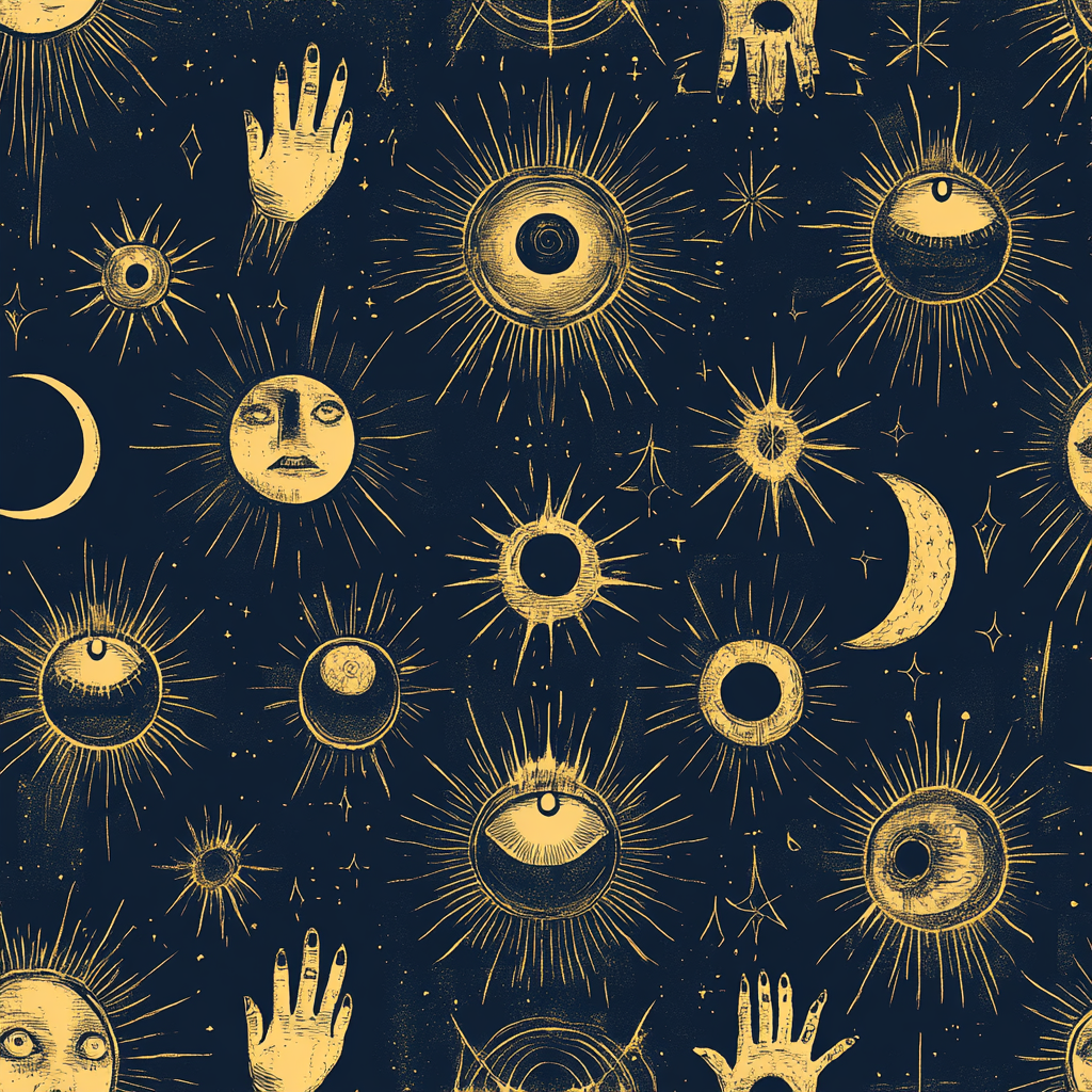 A repetitive pattern with mystical symbols like pentacles, eyes, moons, and skeletal hands