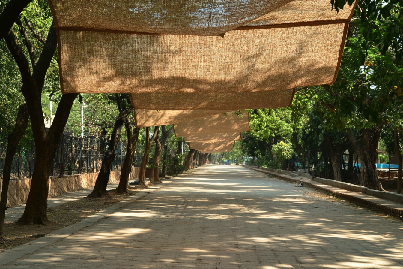 A road in temple with jute sun shades