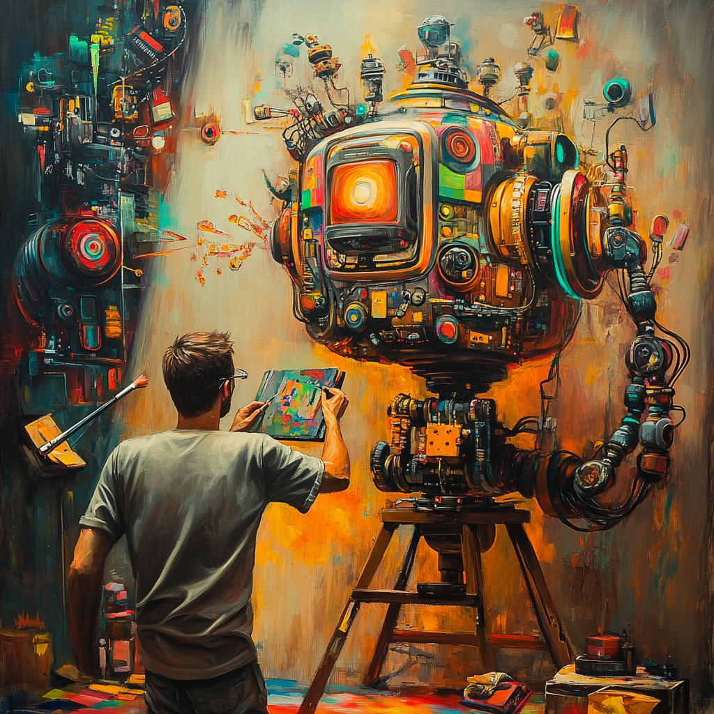 A robot behind a painting, man painting colorful front.