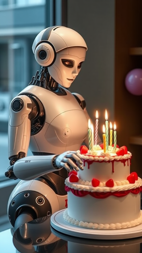 A robot made a birthday cake for him.