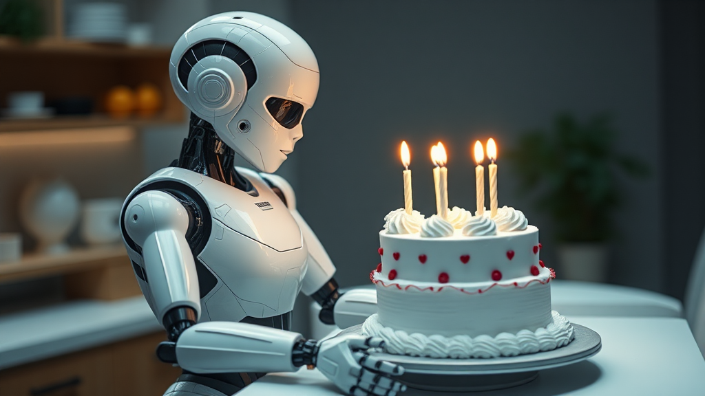 A robot made a birthday cake for man.