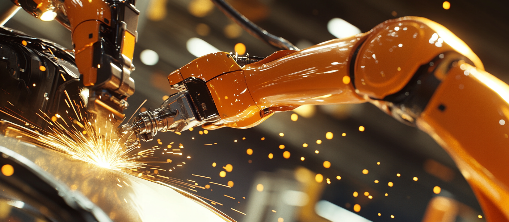 A robot welds steel in a modern factory.