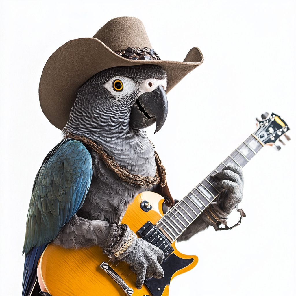 A rockstar parrot with cowboy hat playing guitar.