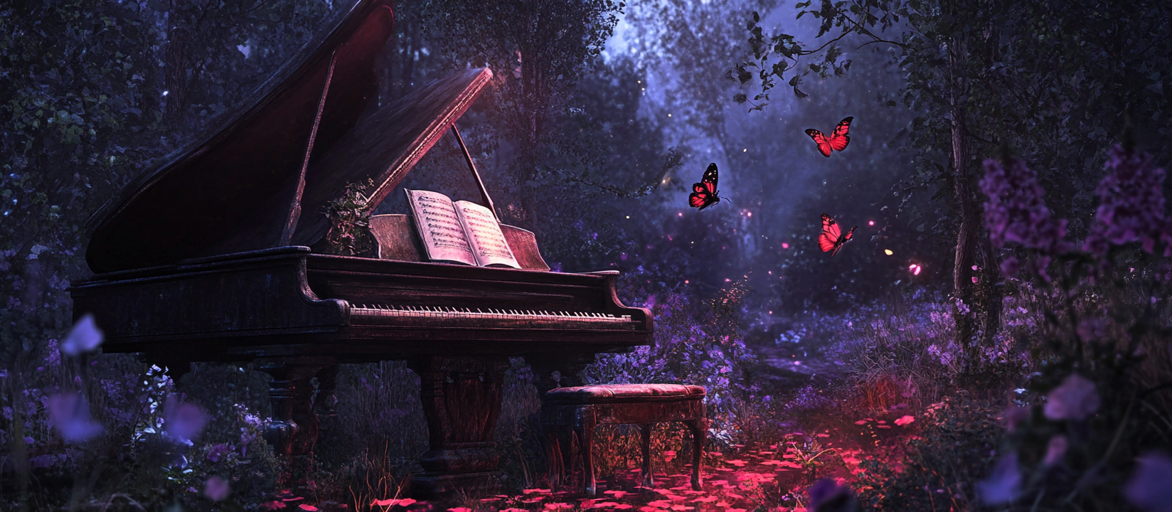 A romantic night in the forest with piano.