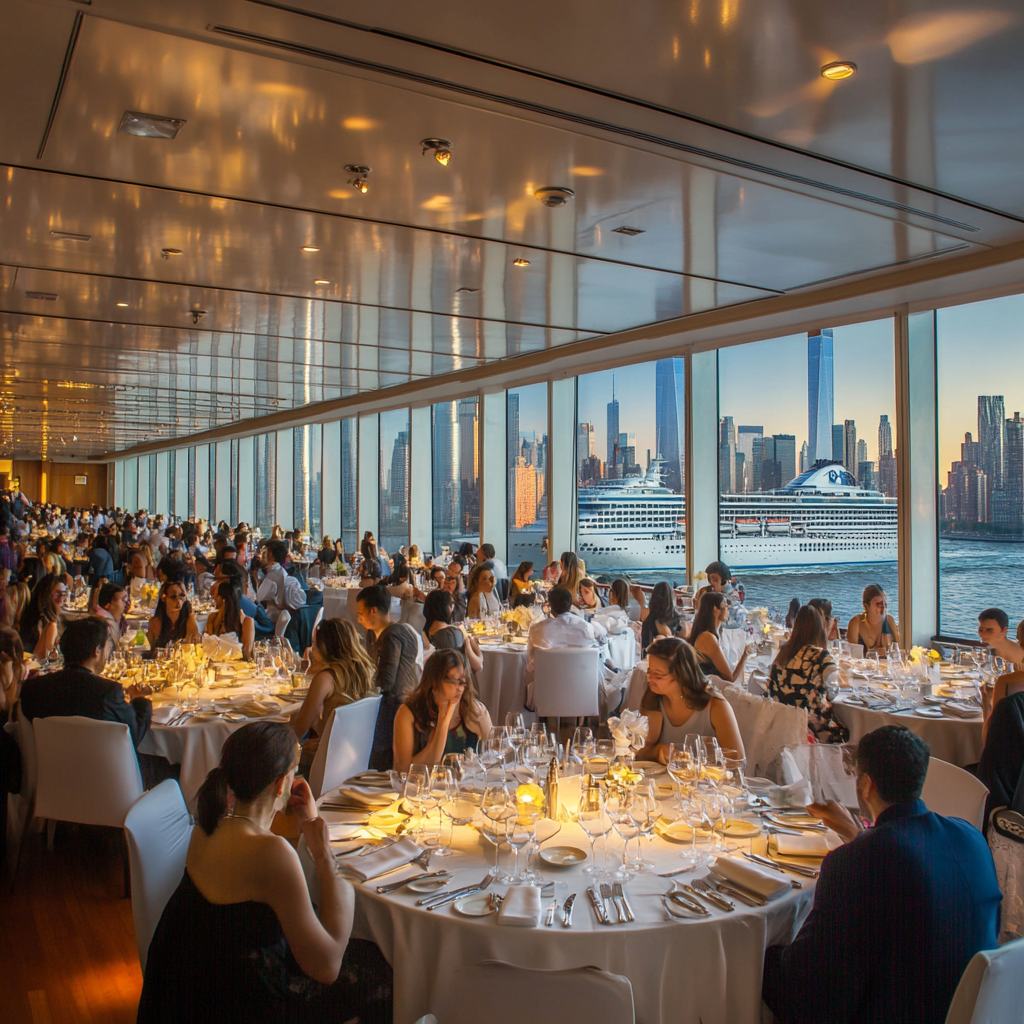 A room with tables and people overlooking NYC river