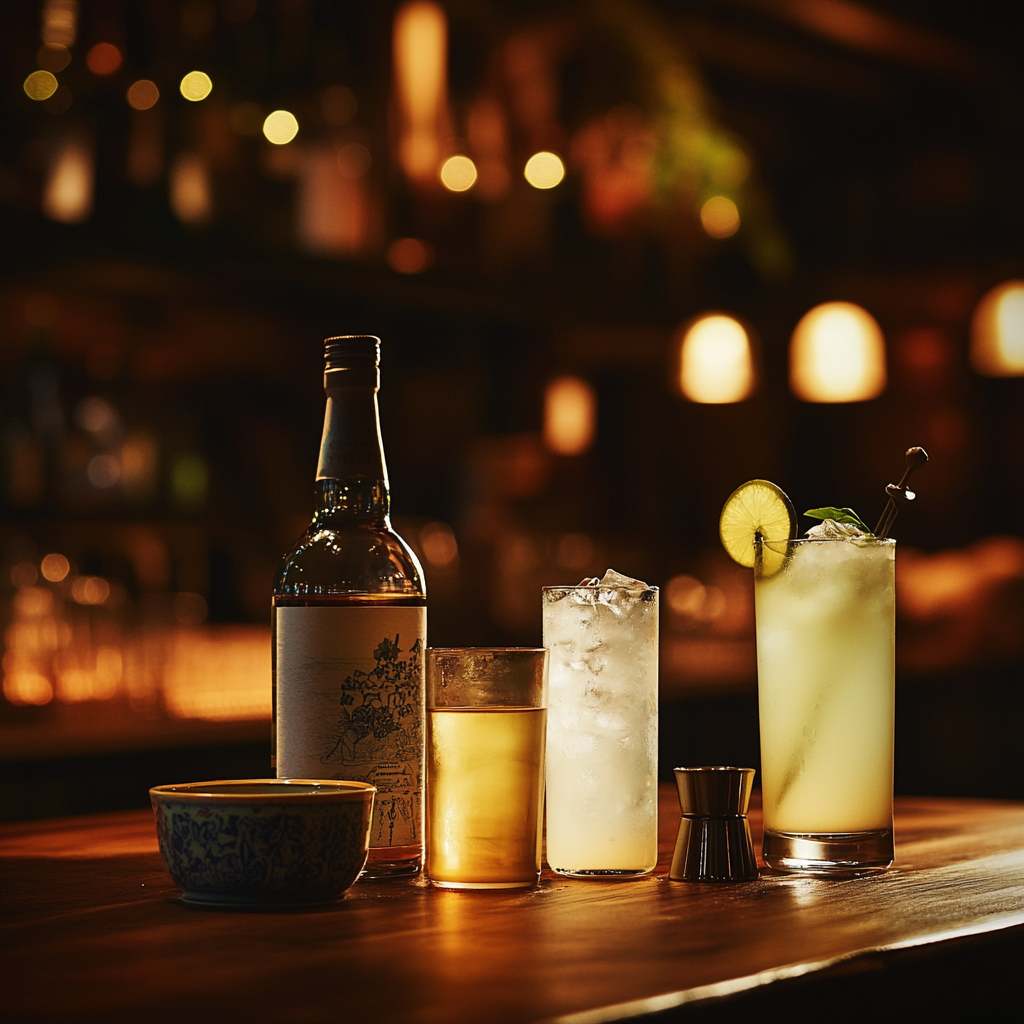 A row of distinct drinks in dimly lit room.