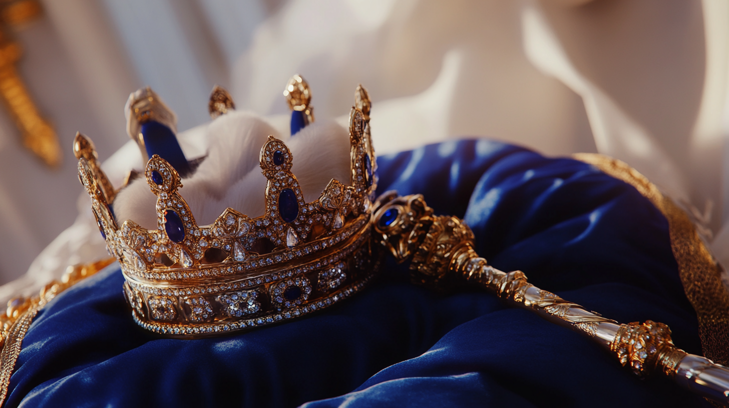 A royal crown on blue cushion with scepter