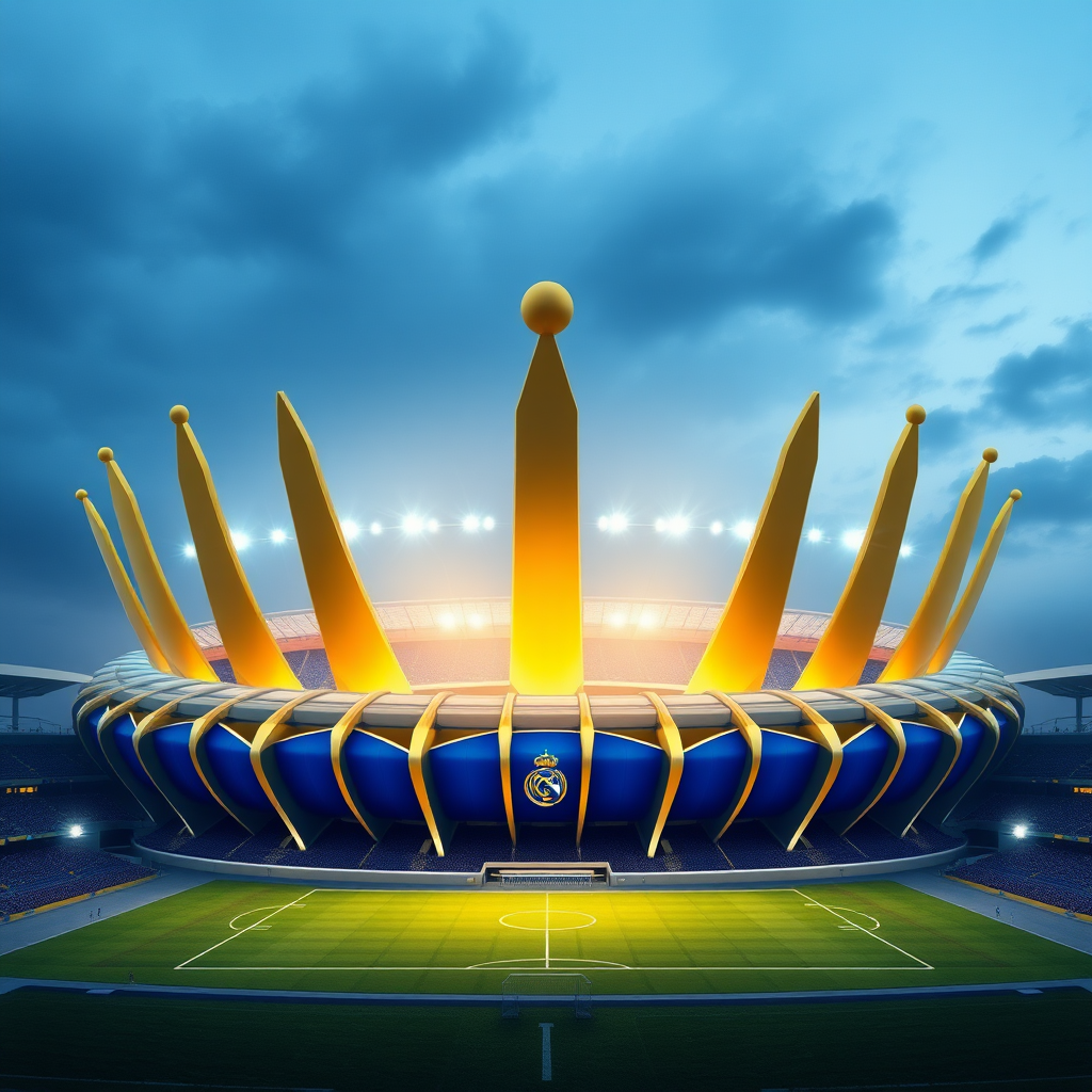 A royal crown-themed football stadium with blue and gold.