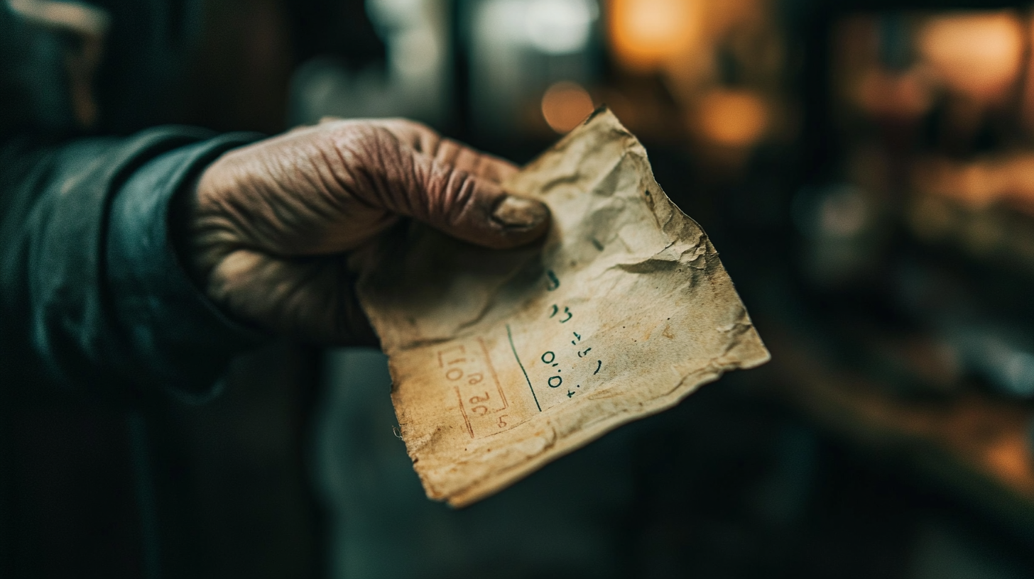 A rugged hand holds a café receipt, faded ink