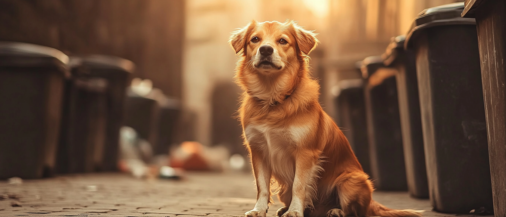 A sad dog in dirty alley with trash.