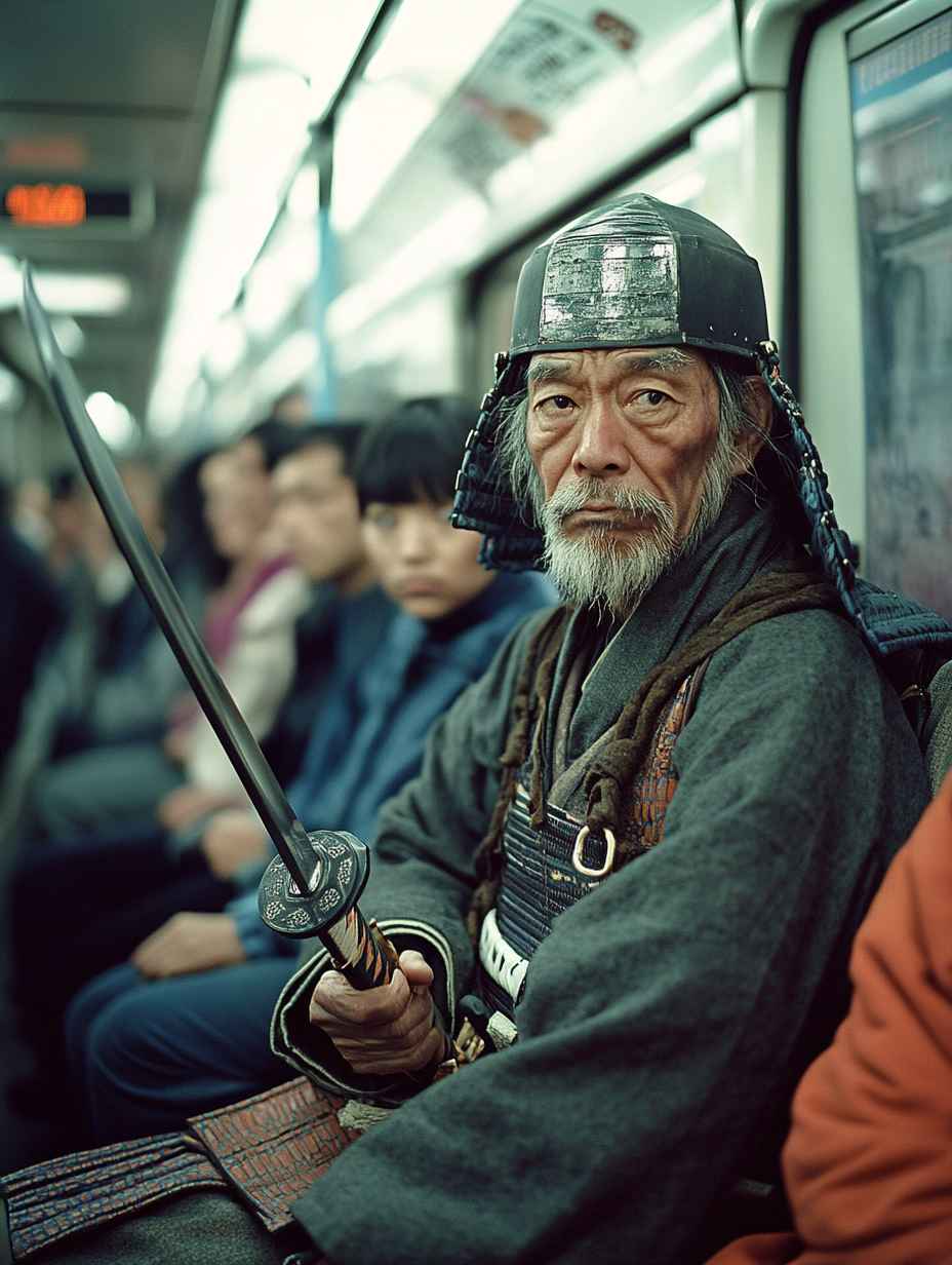 A samurai rides crowded Tokyo subway, passengers curious