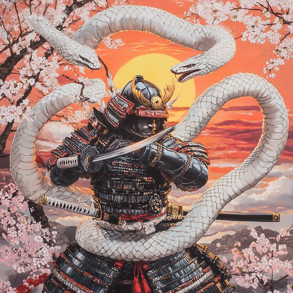 A samurai with white snakes swings sword at sunset