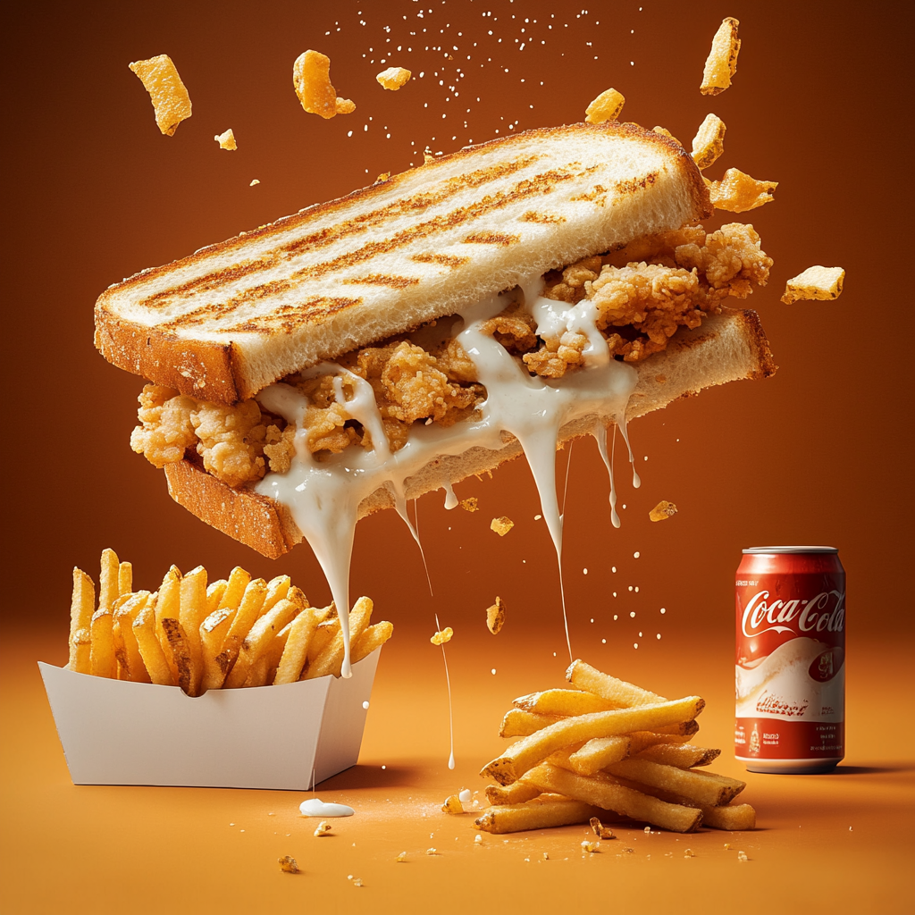 A sandwich with chicken, fries & white sauce flying.