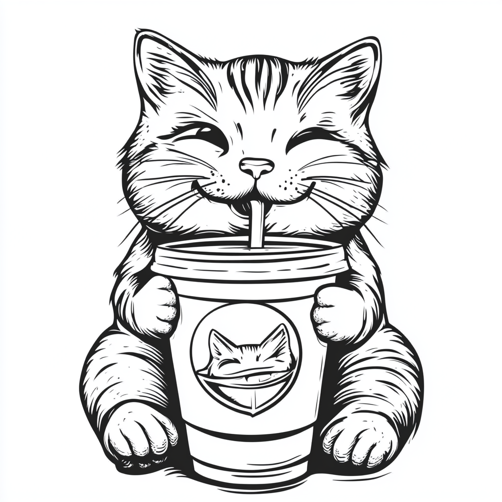 A satisfied cat enjoying latte in cartoon style