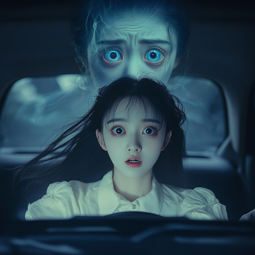 A scared girl in car with floating face.