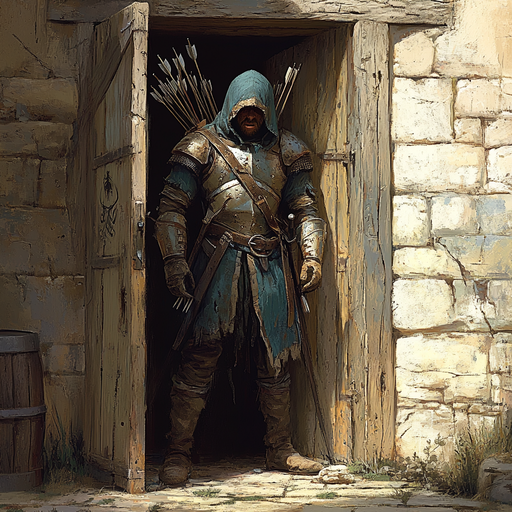 A scared guard in medieval armor at tavern entrance.