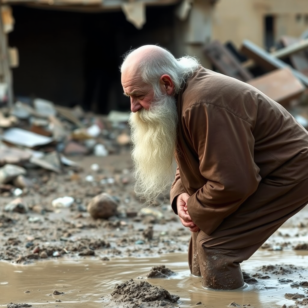 A scared mullah standing in mud after explosion.