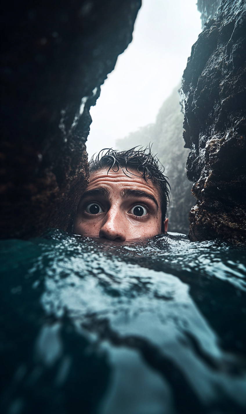 A scared person hanging above stormy sea.