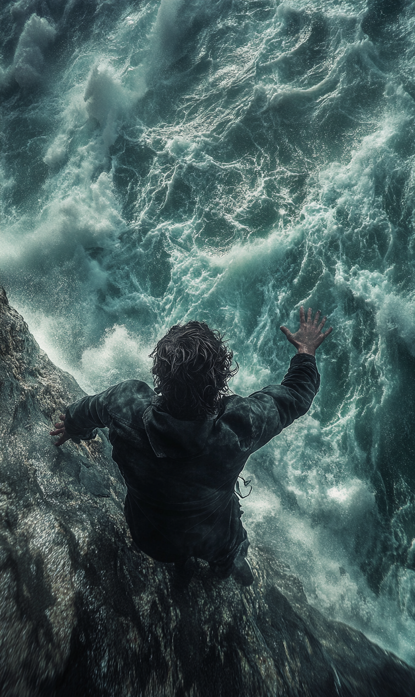 A scared person held on cliff edge.