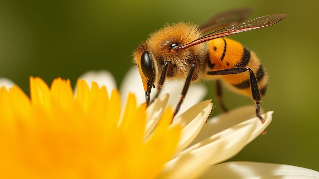 A scary bee with yellow and black stripes.