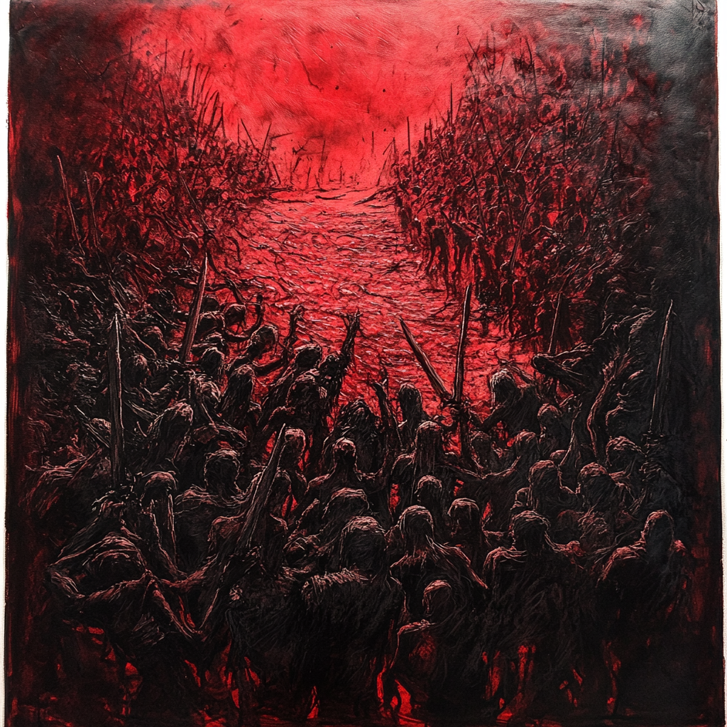 A scary black and red picture of a sea made of people screaming in pain with swords.