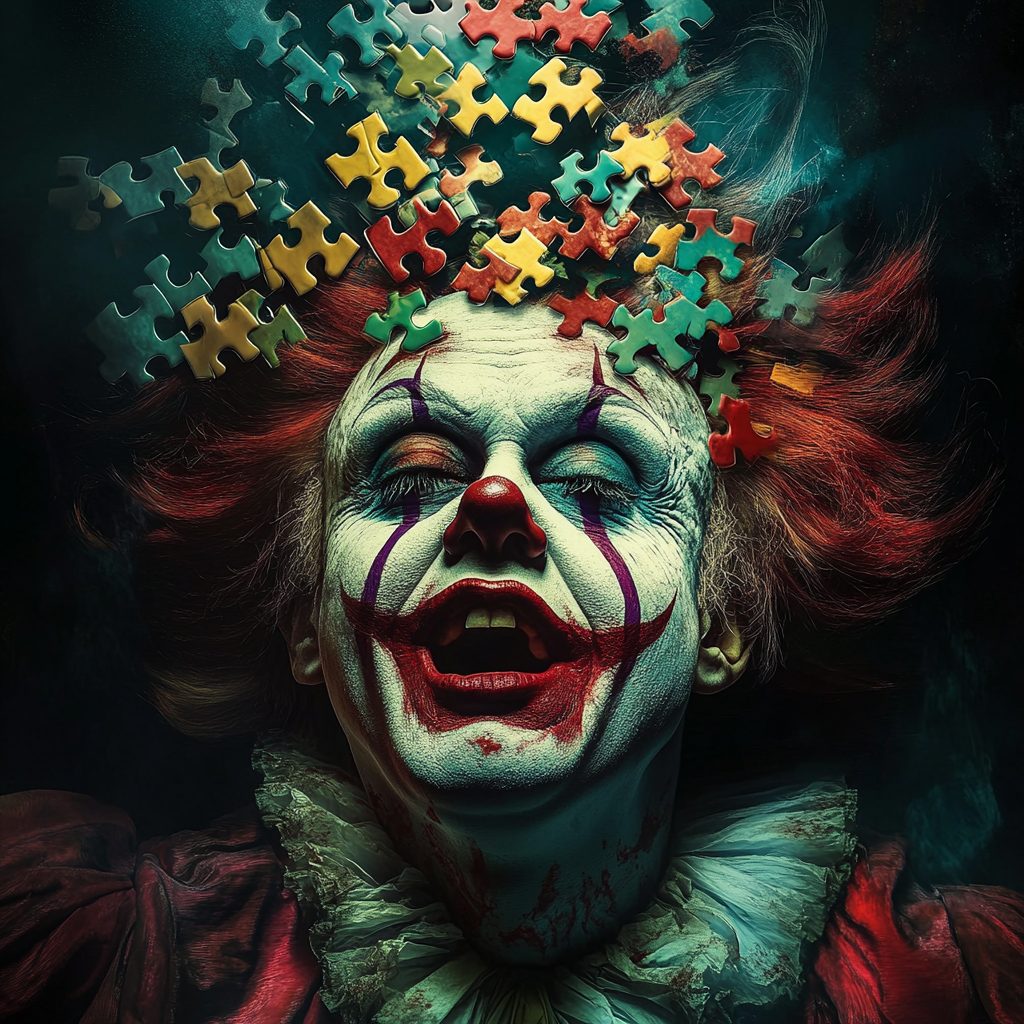 A scary clown dissolving into puzzle pieces.